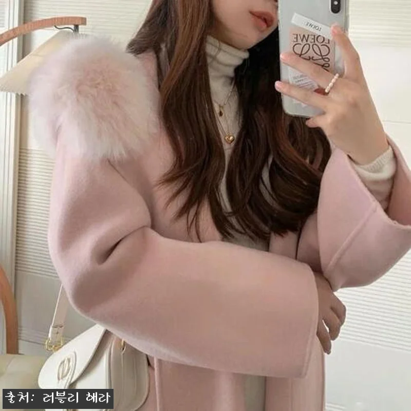 여성 울100 폭스퍼 후드 코트 벨티 관련 이미지 4