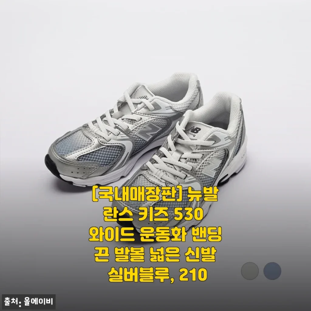 [국내매장판] 뉴발란스 키즈 530 와이드 운동화 밴딩끈 발볼 넓은 신발 실버블루, 210